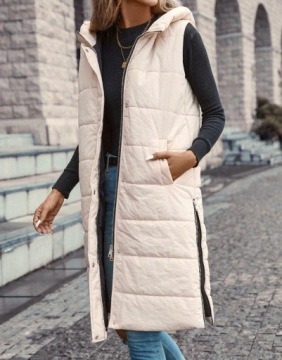 BEŻOWY PIKOWANY KLASYCZN ZASUWANY BEZRĘKWANIK KAMIZELKA KAPTUR EMERY ROSE S