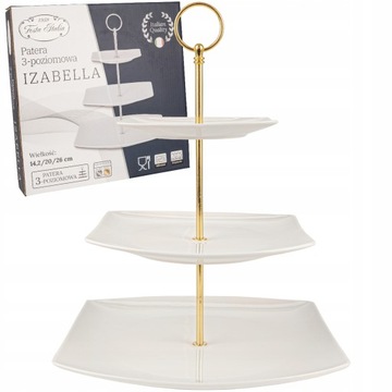 PATERA 3-POZIOMOWA ZŁOTA BIAŁA PORCELANOWA NA CIASTO OWOCE