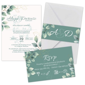ZAPROSZENIE ŚLUBNE RSVP KOPERTA OPASKA ZIELONE Z2