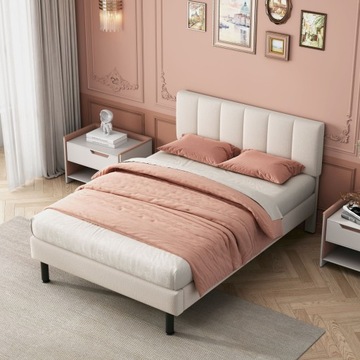 ŁÓŻKO TAPICEROWANE, NOGI ŻELAZNE, RAMA LISTWOWA, PROSTY DESIGN, 140*190 BEŻ