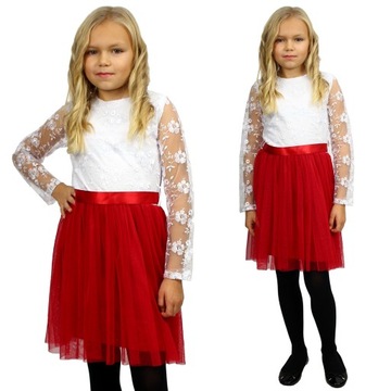 ELEGANCKA Sukienka TIULOWA Haft CZERWONA 164