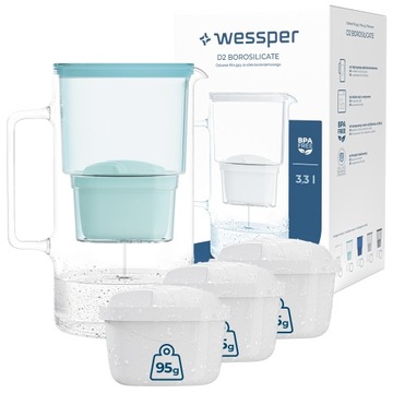 Dzbanek filtrujący szklany Wessper aquamax 3,3l + 4x Filtr Wessper aquamax