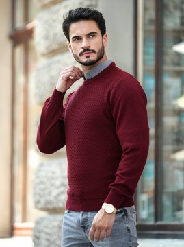 Sweter męski pod szyję wełna merino - bordo M