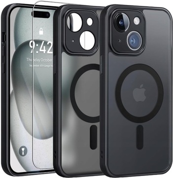 Etui do iPhone 15 do MagSafe WZMACNIANE 360° CZARNY MAT + Szkło na ekran