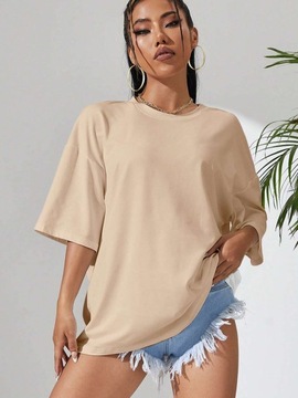 SHEIN BEŻOWY T-SHIRT OVERSIZE Z PRINTEM KWIATY NAPIS XL 80986