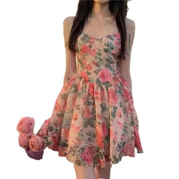 Wąska sukienka w kwiaty na szelkach, nowa, krótka spódniczka, L