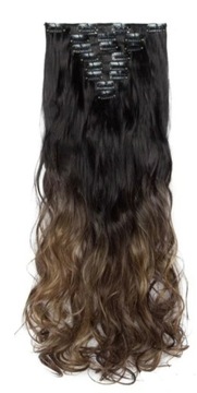 Doczepiane włosy ombre czerń brąz clip 65cm fale