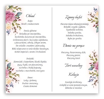 Menu weselne, ślubne, karta dań na stół, KWIATY KW