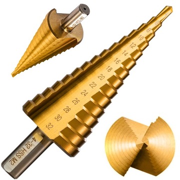WYTRZYMAŁE Wiertło stożkowe stopniowe choinkowe TYTAN HSS do metalu 4-32MM