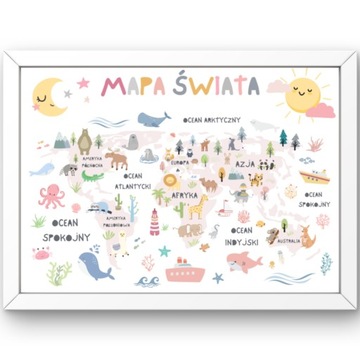 PLAKAT MAPA ŚWIATA ZWIERZĘTA DLA DZIECI + RAMKA A3