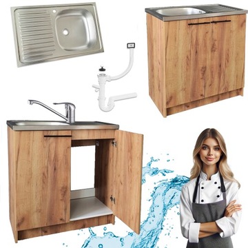 Szafka Kuchenna Zlewozmywak Dąb 80 cm Stojąca + Bateria Obrotowa + Syfon
