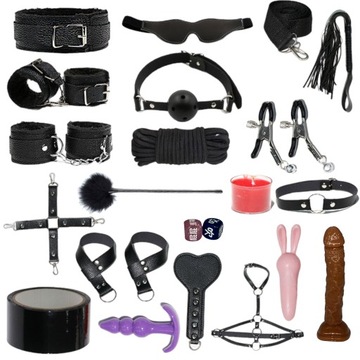 Zestaw BDSM kajdanki bicz knebel obroża 20 sztuk