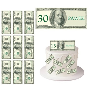OPŁATEK NA TORT CUKROWY wydruk papier PIENIĄDZE DOLARY + IMIĘ 3D jadalne