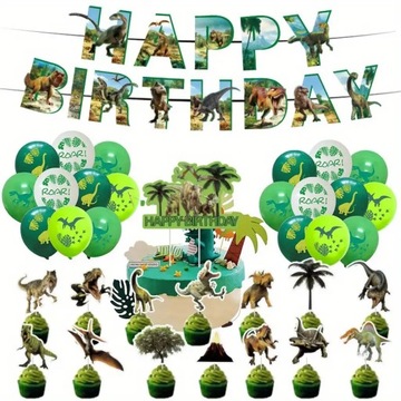 DUŻY ZESTAW URODZINOWY Dinozaury DINO BALONY TOPPERY GIRLAND