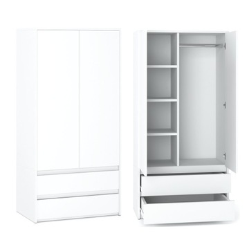 Белый шкаф с 2 ящиками, 2 дверцами, штанга 90 см, 4 полки, вместительный шкаф