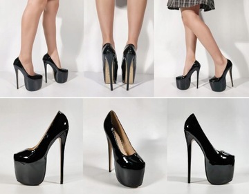 CZÓŁENKA DAMSKIE SEKSOWNE SZPILKI CZARNE NA PLATFORMIE 18 CM SEXY POMPY 37