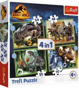 PUZZLE 4W1 GROŹNE DINOZAURY JURASSIC WORLD DINO 4+