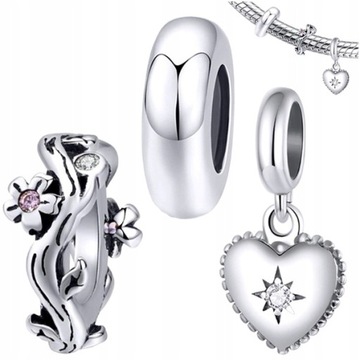 CHARMS ZESTAW 2x Stoper + Serce + srebro S925 3szt