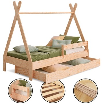 Łóżko dziecięce z szufladą i barierką TIPI 90x180 - NATURALNE - EKO