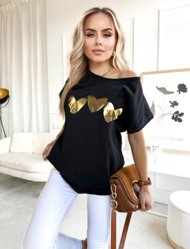 Bawełniana luźna BLUZKA DAMSKA koszulka złoty nadruk modny print