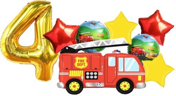 BALON FOLIOWY CYFRA 4 CZTERY LATA AUTO STRAŻ POŻARNA STRAŻACY URODZINY HEL
