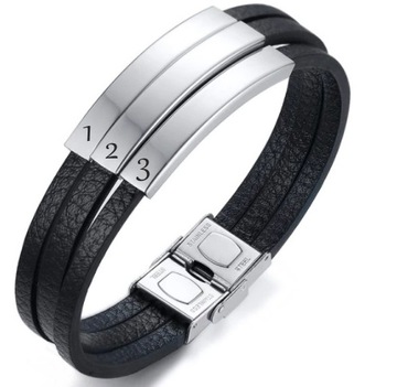 Браслет ТРОЙНОЙ КОЖАНЫЙ с ГРАВИРОВКОЙ, сталь 316L, подарок