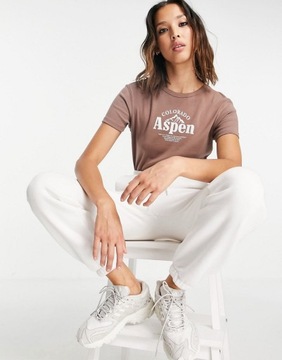 Brązowy krótki T-shirt z napisem Aspen defekt XL