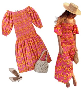 Zara sukienka s 36 długa print boho odkryte ramiona różowa pomarańczowa