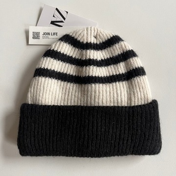 ZARA Czapka Beanie Wełna Paski