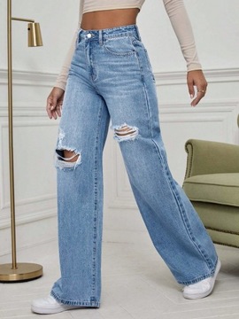 SHEIN JEANSY DAMSKIE Z DZIURAMI NIEBIESKIE SZEROKIE GŁADKIE M 941