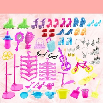 ZESTAW 88SZT. AKCESORIA DLA DOMU LALEK BUCIKI KUCHNIA SUKIENKI WIESZAKI