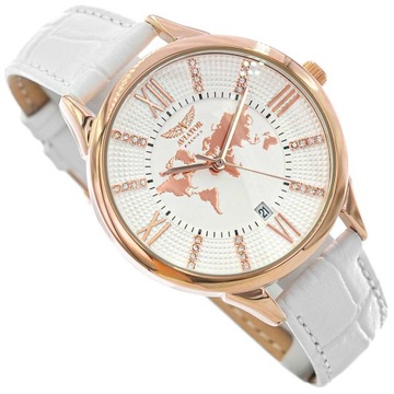 DAMSKI ZEGAREK AVIATOR AVW8636L14 BIAŁY NA PASKU MAPA ŚWIATA DATA CASUAL