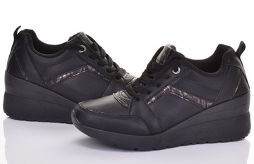 SNEAKERSY NA KOTURNIE CZARNE SKÓRZANE BUTY SPORTOWE DAMSKIE