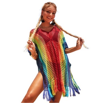 KOLOROWA TUNIKA PLAŻOWA SUKIENKA PAREO FRĘDZLE