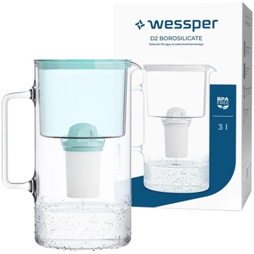 SZKLANY DZBANEK WESSPER D2 BOROSILICATE AQUACLASSIC 3l + 1x Filtr Wkład