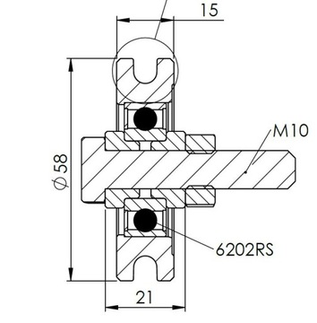 Rolka jezdna na linkę fi 58 linka: fi 6mm M10