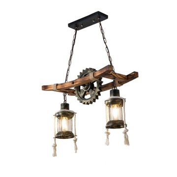 2 Głowice Lampa Wisząca Rustykalna Drewniana Belka Żyrandol Loft Retro E27
