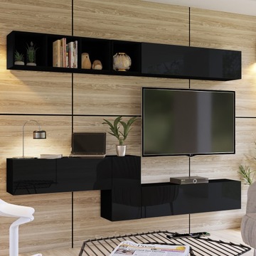 Meblościanka Półki RTV 280cm czarna połysk PREMIUM