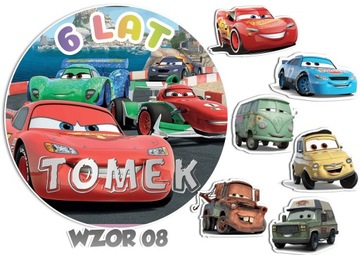 Zestaw Opłatek na TORT AUTA z imieniem+ 6 POSTACI