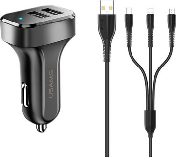USAMS ŁADOWARKA SAMOCHODOWA 2XUSB 3W1