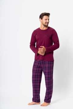 Bordowa długa piżama męska ze spodniami w kratę Hotberg EMILIO M