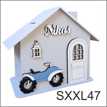 DUŻA drewniana skarbonka domek z quadem prezent dla chłopca personalizowana