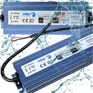 Zasilacz 12V LED 75W 6.3A Do Taśmy Transformator DC Wodoodporny Ultra Slim