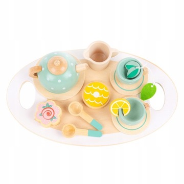 ДЕРЕВЯННЫЙ ЧАЙНЫЙ НАБОР ДЛЯ ДЕТЕЙ АКСЕССУАРЫ ДЛЯ ДЕТСКИХ ИГРОВ + ПОДНОС