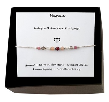 BRANSOLETKA srebrna 925 znak zodiaku BARAN kamienie naturalne turmalin