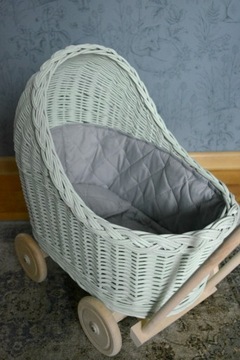 Плетеная коляска для кукол MINT, толкатель + постельное белье