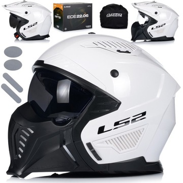 KASK MOTOCYKLOWY 4w1 LS2 OF606 BIAŁY ODPINANA SZCZĘKA + DASZEK + 2x SZYBA
