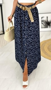 ZWIEWNA DŁUGA SPÓDNICA BAWEŁNIANA MAXI DO KOSTEK W KWIATKI LATO BOHO PASEK