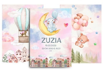 Metryczka dla dziecka plakaty personalizacja A3 30x40 cm 3 sztuki akwarela
