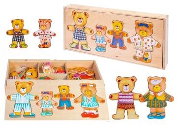 Układanka drewniana Montessori 4 MISIE PUZZLE EMOCJE UBRANIA miny sorter